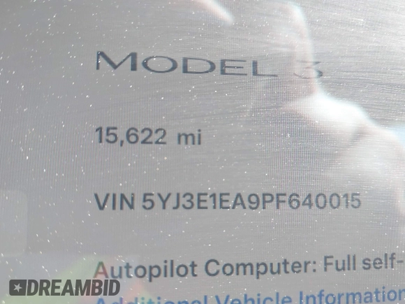 2023 Tesla Model 3 with VIN 5YJ3E1EA9PF640015, listed as a IAAI auction lot 41622086 with 15,622 mi miles and . Bid and sale history available at carsss.com. Image 15.
