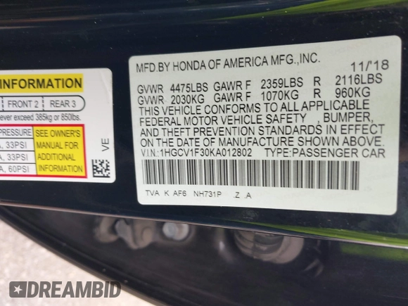 2019 Honda Accord Sport with VIN 1HGCV1F30KA012802, listed as a IAAI auction lot 41903148 with 144,883 mi miles and . Bid and sale history available at DreamBid. Image 9.
