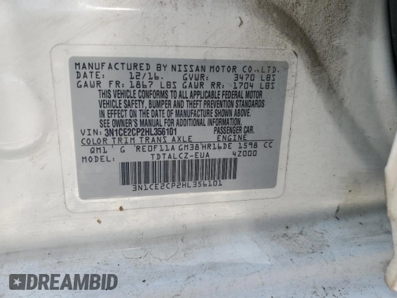 2017 Nissan Note SV z VIN 3N1CE2CP2HL356101, wystawiony jako Copart lot #58571845 z przebiegiem 85 444 mil mil oraz Czysty tytuł • Clean title. Historia ofert i sprzedaży dostępna na DreamBid. Obrazek 12.