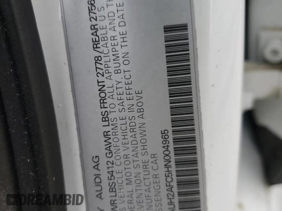 2017 Audi A6 Prestige z VIN WAUH2AFC5HN004965, wystawiony jako Copart lot #53185765 z przebiegiem Nie podano mil oraz Szkoda całkowita • Salvage title. Historia ofert i sprzedaży dostępna na DreamBid. Obrazek 12.