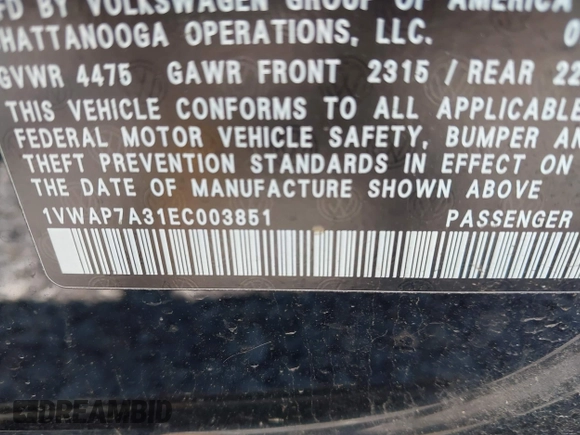 2014 Volkswagen Passat S с VIN 1VWAP7A31EC003851, выставлен на аукционе IAAI как лот 42392804 с пробегом 156 302 миль миль и . История ставок и продаж доступна на DreamBid. Изображение 9.