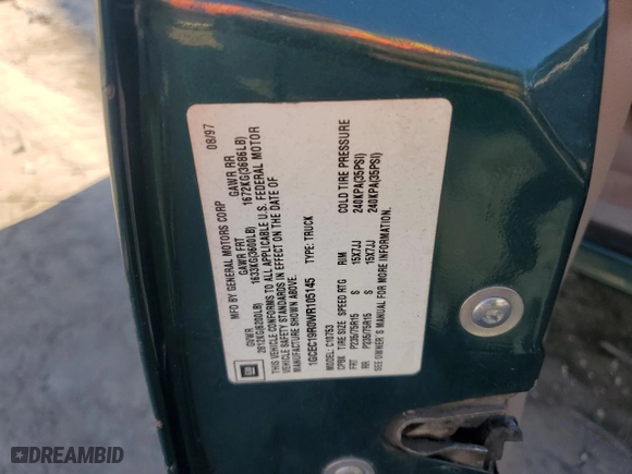 1998 Chevrolet C/K 1500 with VIN 1GCEC19R0WR105145, listed as a Copart auction lot 43625945 with NaN miles and Salvage Title. Bid and sale history available at carsss.com. Image 12.