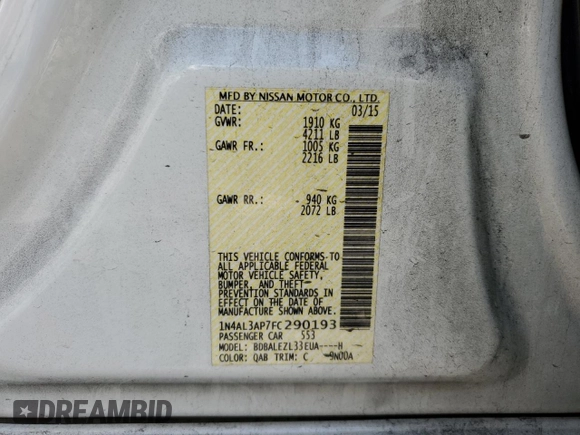 2015 Nissan Altima S with VIN 1N4AL3AP7FC290193, listed as a Copart auction lot 55387085 with 140,955 mi miles and Salvage Title. Bid and sale history available at DreamBid. Image 12.