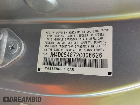 2002 Acura RSX Auto z VIN JH4DC54872C006626, wystawiony jako IAAI lot #41827725 z przebiegiem Nie podano mil oraz . Historia ofert i sprzedaży dostępna na DreamBid. Obrazek 9.
