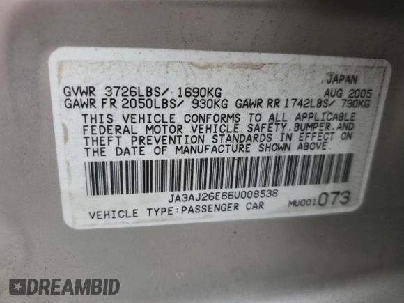 2006 Mitsubishi Lancer ES with VIN JA3AJ26E66U008538, listed as a Copart auction lot 60974795 with 121,211 mi miles and Salvage title. Bid and sale history available at DreamBid. Image 12.