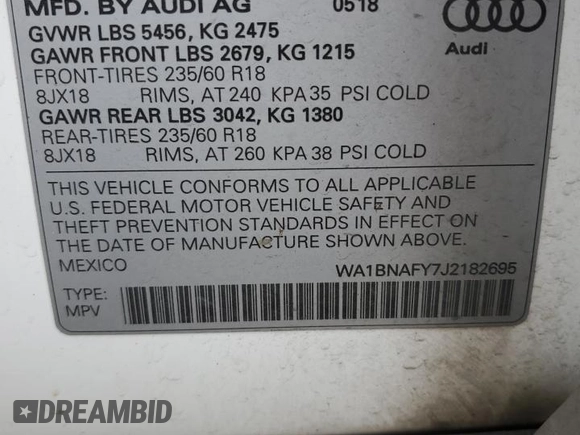 2018 Audi Q5 Premium Plus with VIN WA1BNAFY7J2182695, listed as a Copart auction lot 63840165 with 88,142 mi miles and Salvage title. Bid and sale history available at DreamBid. Image 14.