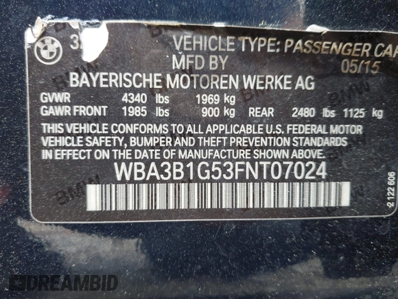 2015 BMW 3 Series 320i with VIN WBA3B1G53FNT07024, listed as a IAAI auction lot 41730253 with 66,684 mi miles. Bid and sale history available at carsss.com. Image 9.