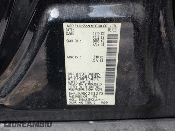 2013 Nissan Altima SV with VIN 1N4AL3AP0DC251278, listed as a IAAI auction lot 42078718 with 178,656 mi miles and . Bid and sale history available at carsss.com. Image 9.