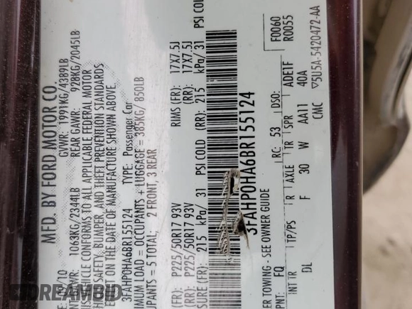 2011 Ford Fusion SE with VIN 3FAHP0HA6BR155124, listed as a Copart auction lot 47595125 with 245,527 mi miles and Salvage Title. Bid and sale history available at carsss.com. Image 12.