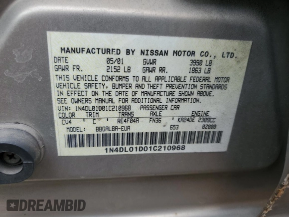 2001 Nissan Altima GXE with VIN 1N4DL01D01C210968, listed as a Copart auction lot 51956125 with 193,530 mi miles and Salvage Title. Bid and sale history available at carsss.com. Image 15.