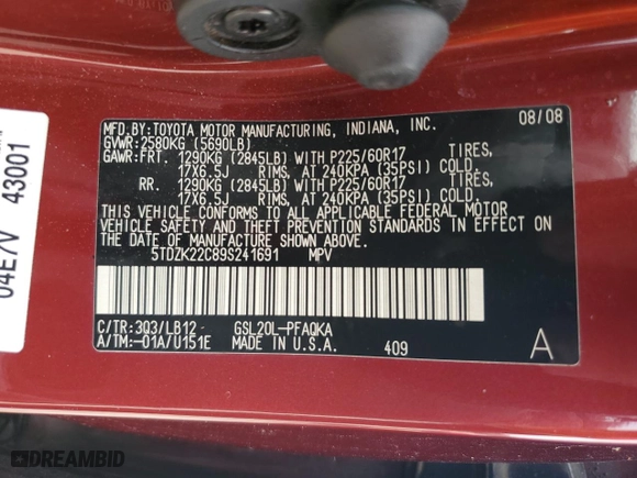 2009 Toyota Sienna XLE with VIN 5TDZK22C89S241691, listed as a Copart auction lot 73672104 with 0 mi miles and Salvage Title. Bid and sale history available at carsss.com. Image 14.