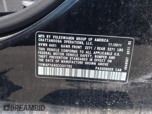 2012 Volkswagen Passat S с VIN 1VWAP7A30CC031752, выставлен на аукционе IAAI как лот 42609712 с пробегом 180 570 миль миль и . История ставок и продаж доступна на DreamBid. Изображение 9.