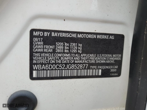 2018 BMW 6 Series 640i with VIN WBA6D0C52JG852877, listed as a Copart auction lot 63553794 with 0 mi miles and Salvage Title. Bid and sale history available at carsss.com. Image 13.