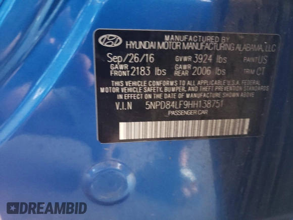 2017 Hyundai Elantra SE with VIN 5NPD84LF9HH138751, listed as a Copart auction lot 54391665 with 87,359 mi miles and Non repairable. Bid and sale history available at DreamBid. Image 12.