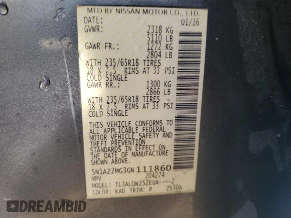 2016 Nissan Murano SV with VIN 5N1AZ2MG3GN111860, listed as a Copart auction lot 84019324 with 227,368 mi miles and Salvage Title. Bid and sale history available at carsss.com. Image 14.