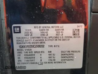 2012 GMC Acadia SLT1 z VIN 1GKKVRED9CJ308202, wystawiony jako Copart lot #57908295 z przebiegiem 390 292 mil mil oraz Szkoda całkowita • Salvage title. Historia ofert i sprzedaży dostępna na DreamBid. Obrazek 13.