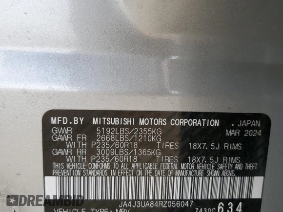 2024 Mitsubishi Outlander ES z VIN JA4J3UA84RZ056047, wystawiony jako Copart lot #50905715 z przebiegiem 24 714 mil mil oraz Szkoda całkowita • Salvage title. Historia ofert i sprzedaży dostępna na DreamBid. Obrazek 14.
