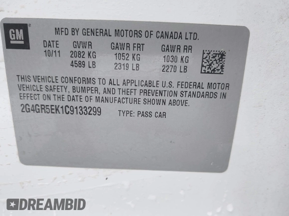 2012 Buick Regal с VIN 2G4GR5EK1C9133299, выставлен на аукционе IAAI как лот 41962563 с пробегом 162 416 миль миль и . История ставок и продаж доступна на DreamBid. Изображение 9.