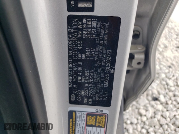 2020 Kia Niro EX Premium with VIN KNDCE3LG0L5032723, listed as a Copart auction lot 54766175 with 30,420 mi miles and Salvage Title. Bid and sale history available at DreamBid. Image 13.