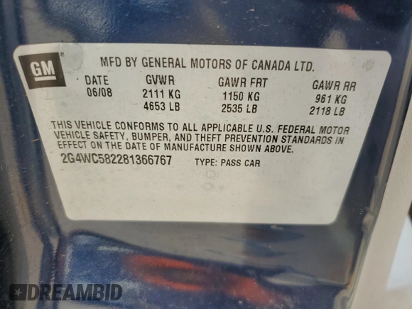 2008 Buick LaCrosse CX with VIN 2G4WC582281366767, listed as a Copart auction lot 52225975 with 173,101 mi miles and Salvage Title. Bid and sale history available at carsss.com. Image 12.
