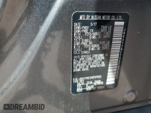 2017 Nissan Armada Platinum with VIN JN8AY2NE2H9707853, listed as a Copart auction lot 46654655 with 69,106 mi miles and Clean Title. Bid and sale history available at carsss.com. Image 16.