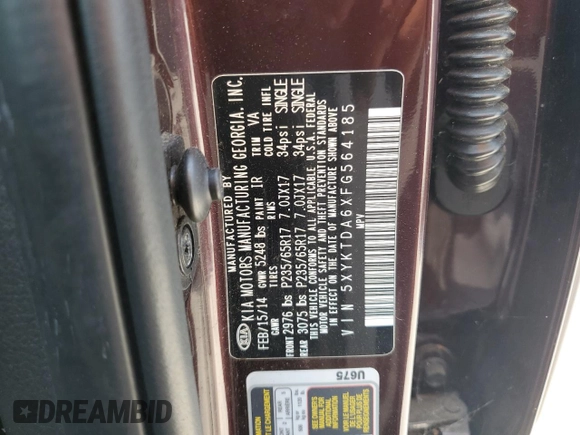 2015 Kia Sorento LX with VIN 5XYKTDA6XFG564185, listed as a Copart auction lot 62695875 with 119,509 mi miles and Clean title. Bid and sale history available at DreamBid. Image 13.