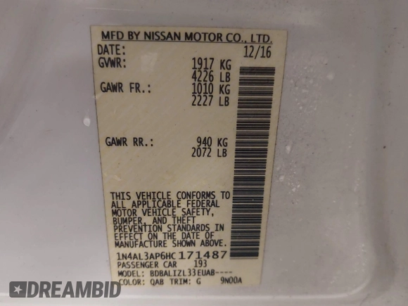 2017 Nissan Altima SV with VIN 1N4AL3AP6HC171487, listed as a IAAI auction lot 41503897 with 154,095 mi miles and . Bid and sale history available at carsss.com. Image 9.