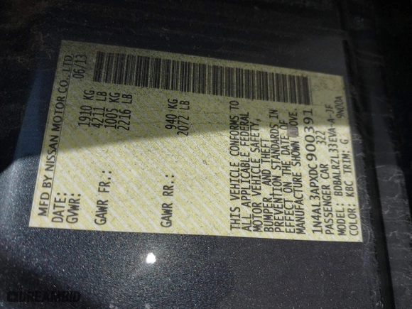 2013 Nissan Altima 2.5 SL with VIN 1N4AL3APXDC900391, listed as a IAAI auction lot 41748658 with 236,857 mi miles. Bid and sale history available at carsss.com. Image 9.