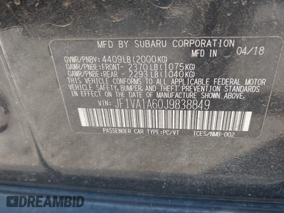 2018 Subaru WRX with VIN JF1VA1A60J9838849, listed as a IAAI auction lot 42018997 with 154,288 mi miles and . Bid and sale history available at DreamBid. Image 9.