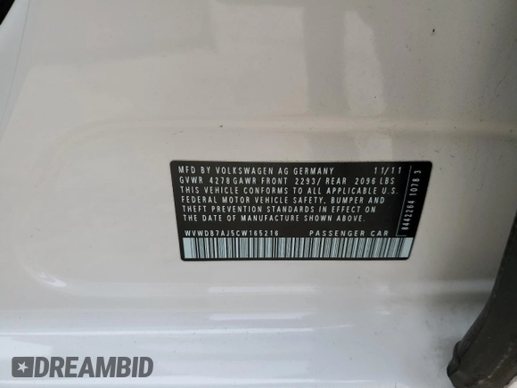 2012 Volkswagen Golf w/Conv & Sunroof z VIN WVWDB7AJ5CW165216, wystawiony jako Copart lot #84391624 z przebiegiem 38 886 mil mil oraz Szkoda całkowita • Salvage title. Historia ofert i sprzedaży dostępna na DreamBid. Obrazek 12.