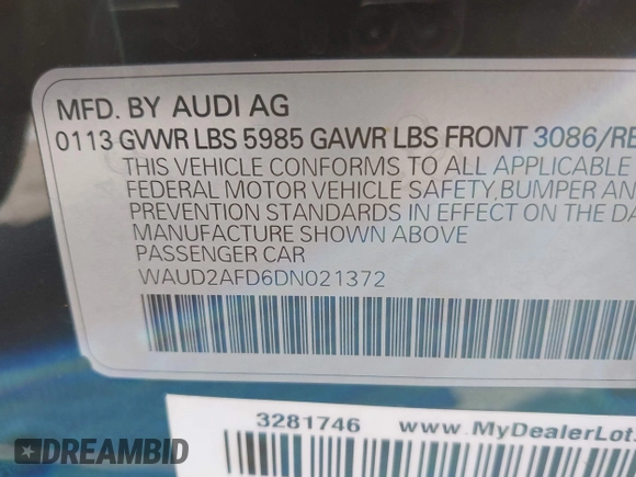 2013 Audi S8 with VIN WAUD2AFD6DN021372, listed as a IAAI auction lot 41983495 with 159,832 mi miles. Bid and sale history available at carsss.com. Image 9.