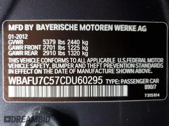 2012 BMW 5 Series 535i xDrive with VIN WBAFU7C57CDU60295, listed as a Copart auction lot 43712135 with 96,483 mi miles and Clean Title. Bid and sale history available at carsss.com. Image 13.