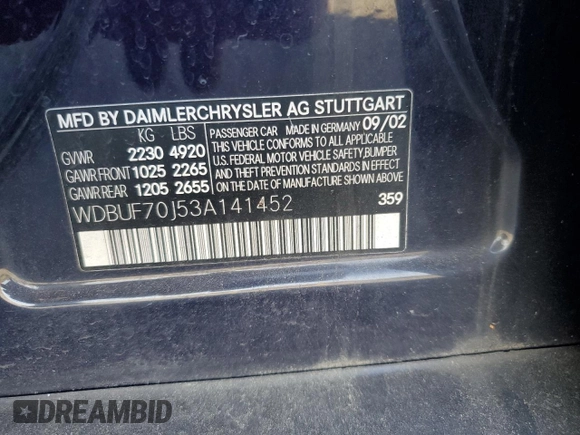 2003 Mercedes-Benz E-Class 5.0L with VIN WDBUF70J53A141452, listed as a Copart auction lot 75902244 with 0 mi miles and Salvage Title. Bid and sale history available at carsss.com. Image 12.