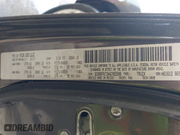 2017 Ram 1500 Express with VIN 3C6RR7KT3HG765599, listed as a IAAI auction lot 42049643 with 130,370 mi miles and . Bid and sale history available at DreamBid. Image 9.