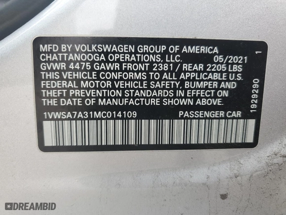 2021 Volkswagen Passat 2.0T SE with VIN 1VWSA7A31MC014109, listed as a Copart auction lot 48856835 with 138,222 mi miles and Salvage Title. Bid and sale history available at carsss.com. Image 14.