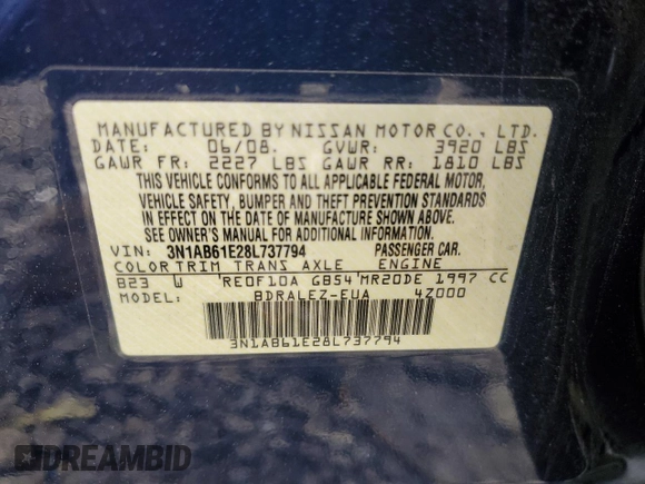 2008 Nissan Sentra S with VIN 3N1AB61E28L737794, listed as a Copart auction lot 57814725 with 92,282 mi miles and Salvage title. Bid and sale history available at DreamBid. Image 12.