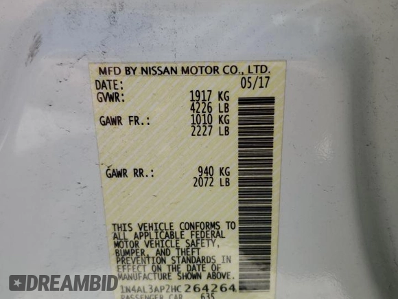 2017 Nissan Altima S with VIN 1N4AL3AP2HC264264, listed as a Copart auction lot 52398615 with 73,750 mi miles and Salvage title. Bid and sale history available at DreamBid. Image 15.