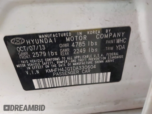 2013 Hyundai Azera with VIN KMHFH4JG1DA330604, listed as a IAAI auction lot 41966248 with 126,554 mi miles. Bid and sale history available at carsss.com. Image 9.