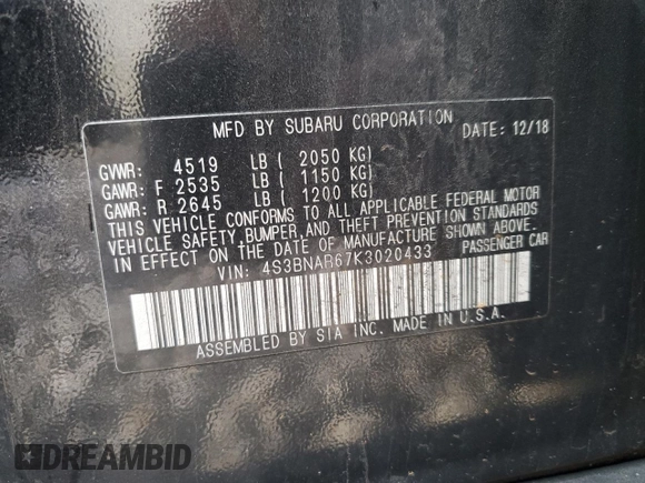 2019 Subaru Legacy Sport with VIN 4S3BNAR67K3020433, listed as a Copart auction lot 44867055 with 42,132 mi miles and Salvage Title. Bid and sale history available at carsss.com. Image 12.