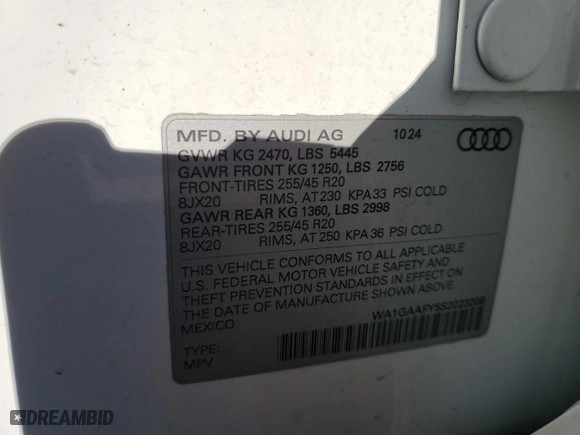 2025 Audi Q5 S line Premium with VIN WA1GAAFY5S2023208, listed as a Copart auction lot 42911975 with 0 mi miles and Salvage Title. Bid and sale history available at carsss.com. Image 13.
