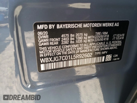 2020 BMW X1 sDrive28i with VIN WBXJG7C01L5R92602, listed as a Copart auction lot 72885942 with 37,130 mi miles. Bid and sale history available at carsss.com. Image 13.