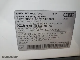 2019 Audi e-tron Prestige with VIN WA1VAAGE7KB024839, listed as a Copart auction lot 38277753 with 35,418 mi miles. Bid and sale history available at carsss.com. Image 14.