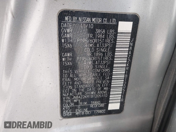 2011 Nissan Cube S z VIN JN8AZ2KR1BT205110, wystawiony jako IAAI lot #42152109 z przebiegiem 92 493 mil mil oraz . Historia ofert i sprzedaży dostępna na DreamBid. Obrazek 9.