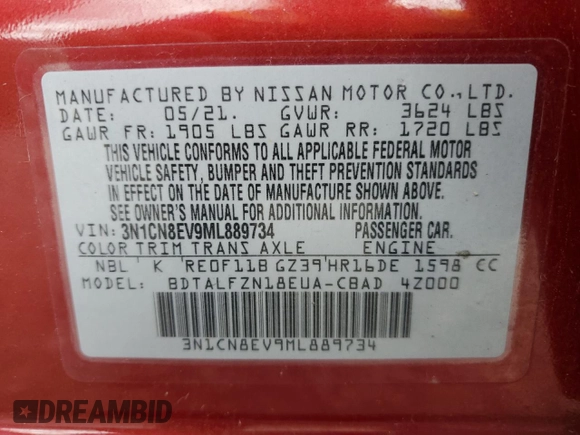 2021 Nissan Versa SV z VIN 3N1CN8EV9ML889734, wystawiony jako Copart lot #62571105 z przebiegiem 71 558 mil mil oraz Szkoda całkowita • Salvage title. Historia ofert i sprzedaży dostępna na DreamBid. Obrazek 12.