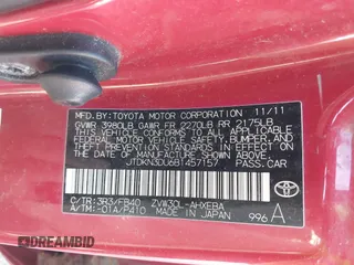 2011 Toyota Prius I with VIN JTDKN3DU6B1457157, listed as a IAAI auction lot 42175801 with 237,365 mi miles. Bid and sale history available at carsss.com. Image 9.