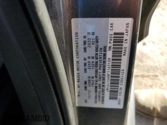 2015 Mazda 6 i Sport with VIN JM1GJ1U68F1163109, listed as a Copart auction lot 42489315 with 170,147 mi miles and Salvage Title. Bid and sale history available at DreamBid. Image 12.