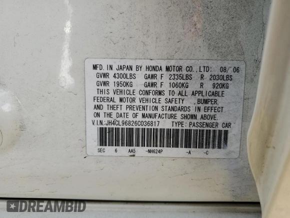 2006 Acura TSX with VIN JH4CL96826C036817, listed as a Copart auction lot 57084175 with 80,646 mi miles and Salvage title. Bid and sale history available at DreamBid. Image 12.