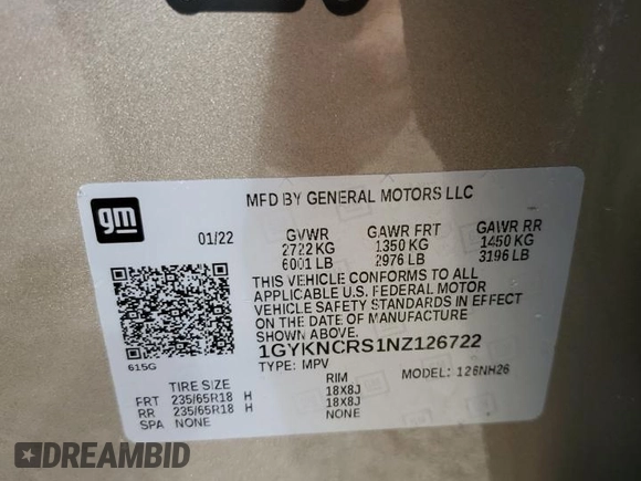 2022 Cadillac XT5 FWD Premium Luxury z VIN 1GYKNCRS1NZ126722, wystawiony jako Copart lot #87977755 z przebiegiem Nie podano mil oraz Nie do naprawy • Non repairable. Historia ofert i sprzedaży dostępna na DreamBid. Obrazek 14.