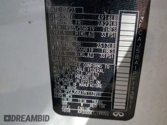 2023 Infiniti QX50 Luxe с VIN 3PCAJ5BA1PF113911, выставлен на аукционе Copart как лот 49313715 с пробегом 45 552 миль миль и Списание • Salvage title. История ставок и продаж доступна на DreamBid. Изображение 15.