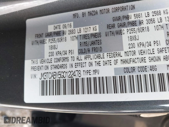 2016 Mazda CX-9 Sport with VIN JM3TCABY5G0122478, listed as a IAAI auction lot 42115795 with 134,980 mi miles and . Bid and sale history available at DreamBid. Image 9.